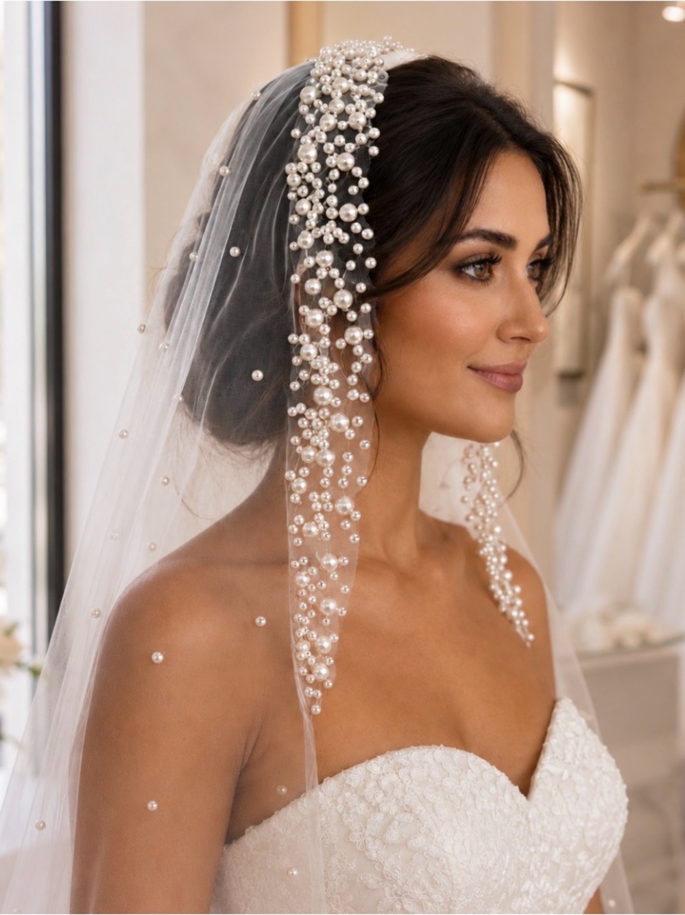Pearl-Embellished Bridal Veil - White